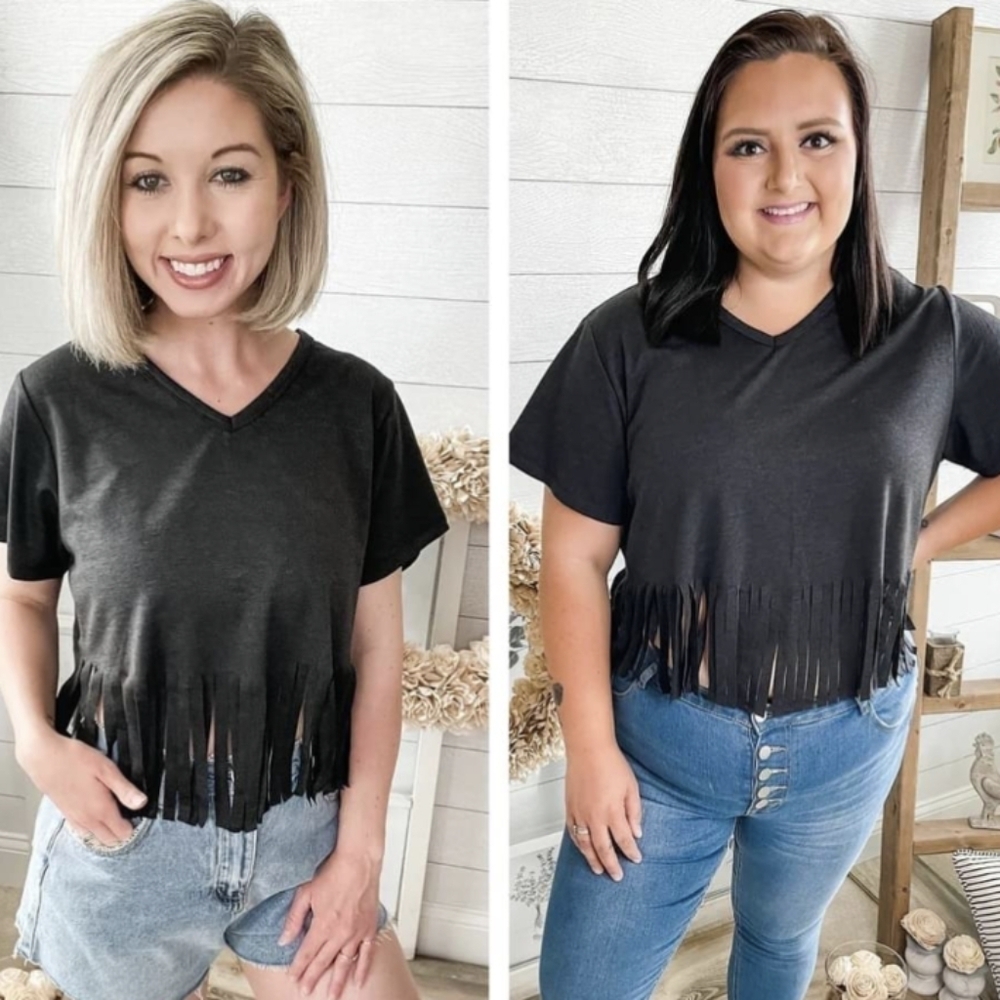 NWT Scarlett Boutique Charcoal Fringe Top Women’s Short Sleeve Western Boho Top